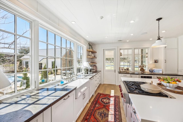 kitchen featuring light wood-style floors, a healthy amount of sunlight, white cabinetry, and a sink