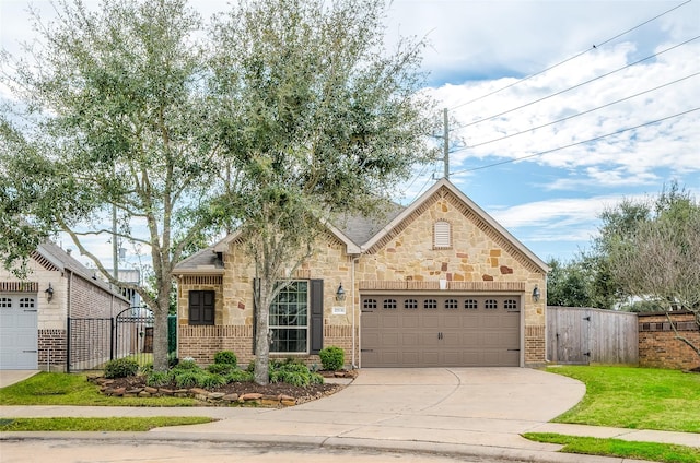 view of front of house with concrete driveway, stone siding, an attached garage, a gate, and brick siding