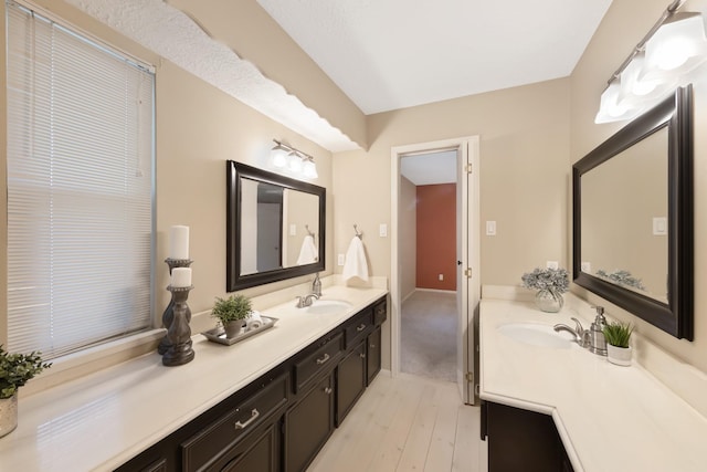 bathroom featuring two vanities, a sink, and wood finished floors