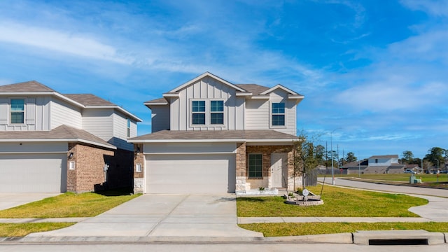 craftsman house featuring a garage, concrete driveway, stone siding, a front lawn, and board and batten siding