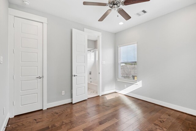 unfurnished bedroom with baseboards, visible vents, a ceiling fan, hardwood / wood-style floors, and recessed lighting