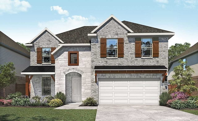 french provincial home featuring a garage, a standing seam roof, roof with shingles, and driveway