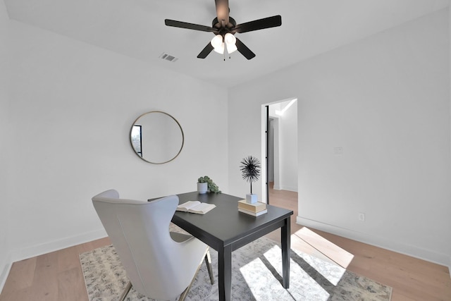 office with visible vents, ceiling fan, light wood-type flooring, and baseboards