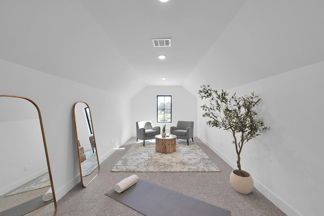 exercise area with baseboards, visible vents, carpet floors, recessed lighting, and vaulted ceiling