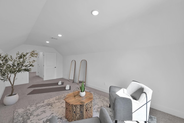 carpeted living room with recessed lighting, visible vents, lofted ceiling, and baseboards