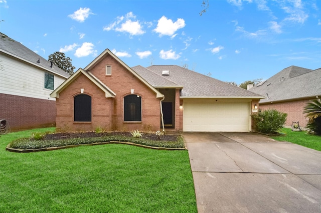 view of front of property featuring brick siding, a shingled roof, an attached garage, a front yard, and driveway