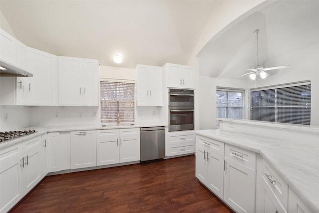 kitchen featuring stainless steel appliances, dark wood finished floors, white cabinetry, and a sink