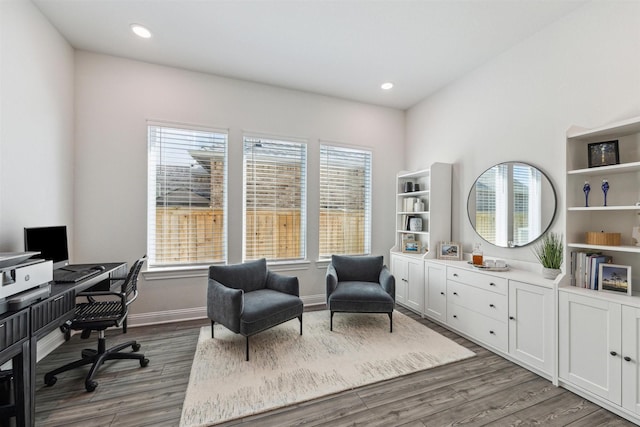 home office featuring recessed lighting, plenty of natural light, and wood finished floors