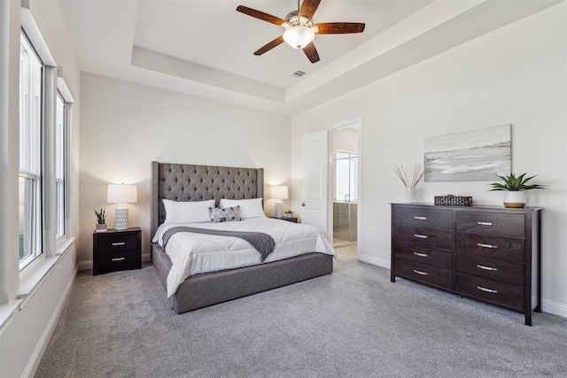 bedroom with carpet floors, multiple windows, and a raised ceiling