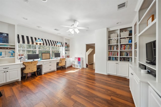 home office with ceiling fan, visible vents, dark wood-style flooring, and built in study area