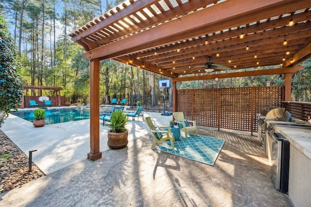 view of patio with a fenced backyard, area for grilling, a ceiling fan, a fenced in pool, and a pergola