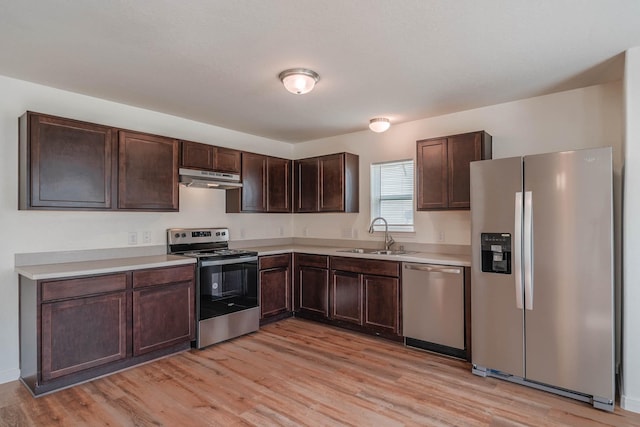 kitchen featuring appliances with stainless steel finishes, a sink, under cabinet range hood, and dark brown cabinets