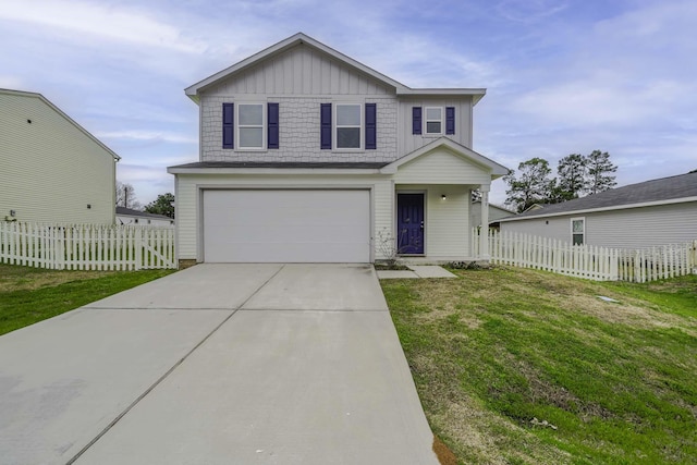 traditional home with an attached garage, board and batten siding, a front yard, fence, and driveway