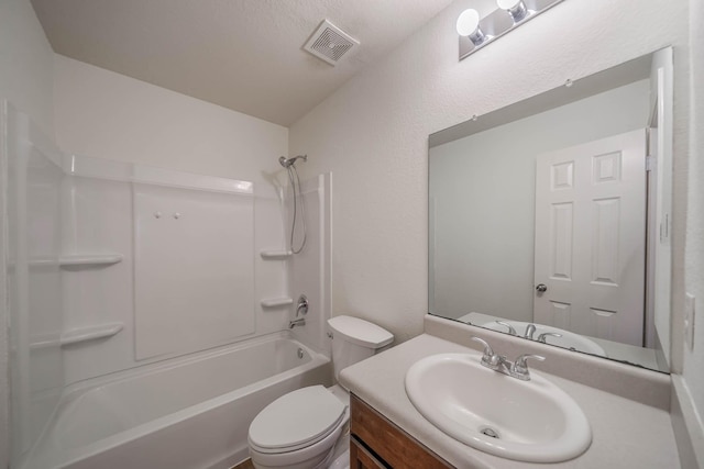 full bath with toilet, shower / bathtub combination, visible vents, and vanity