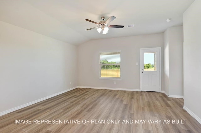 unfurnished room with lofted ceiling, ceiling fan, visible vents, baseboards, and light wood finished floors