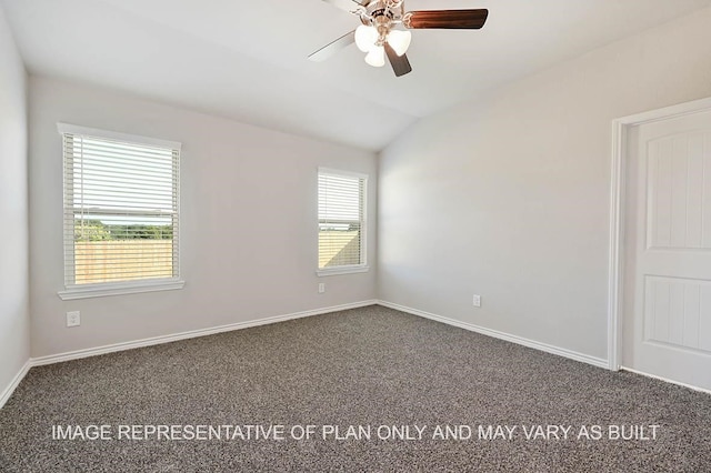 empty room featuring carpet floors, lofted ceiling, a healthy amount of sunlight, and a ceiling fan