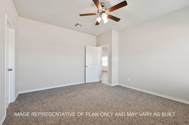 unfurnished bedroom with carpet floors, visible vents, baseboards, and a ceiling fan