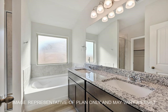 bathroom featuring double vanity, a sink, a bath, and a shower stall