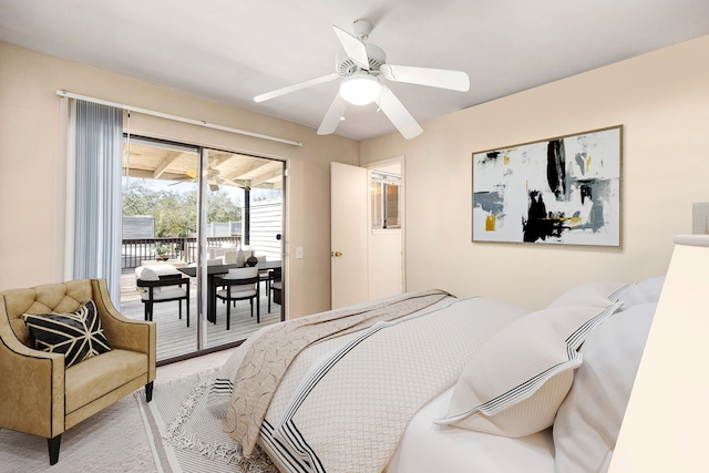 bedroom featuring carpet, a ceiling fan, and access to exterior