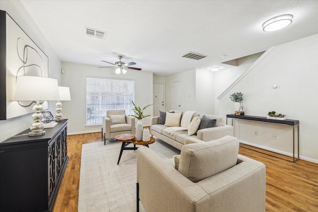 living room featuring light wood finished floors, a ceiling fan, visible vents, and baseboards