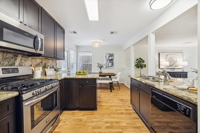 kitchen featuring light wood finished floors, stainless steel appliances, visible vents, a sink, and a peninsula