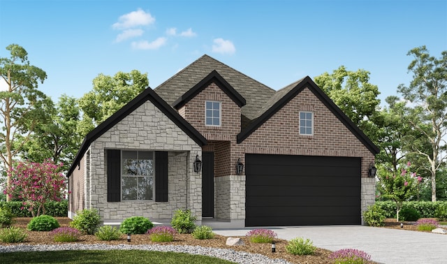 view of front of house featuring a garage, brick siding, a shingled roof, driveway, and stone siding