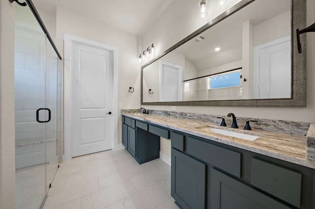 9975 Monarch Landing Cv, Willis, TX 77318 - full bath featuring double vanity, a stall shower, and marble look tiles