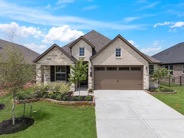 9975 Monarch Landing Cv, Willis, TX 77318 - french country home with stone siding, concrete driveway, a shingled roof, and a garage