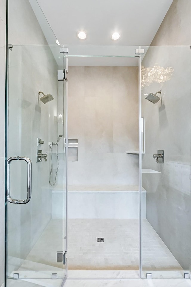 full bathroom with a shower stall and recessed lighting