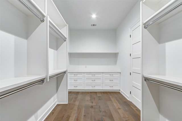 walk in closet with visible vents and dark wood-type flooring