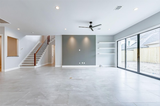 unfurnished living room with stairs, recessed lighting, visible vents, and baseboards