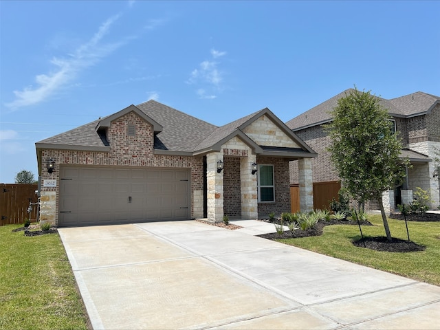 french country inspired facade featuring a garage, brick siding, stone siding, roof with shingles, and a front lawn