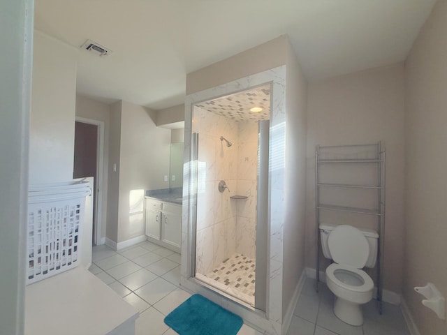 bathroom featuring tile patterned floors, visible vents, a shower stall, and vanity