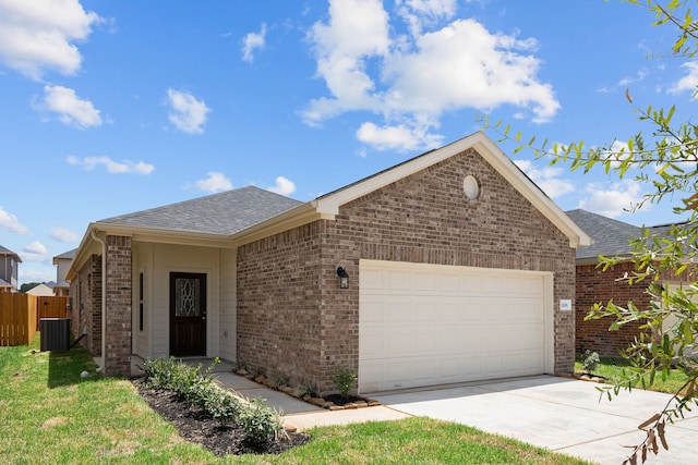 single story home featuring concrete driveway, roof with shingles, an attached garage, fence, and brick siding