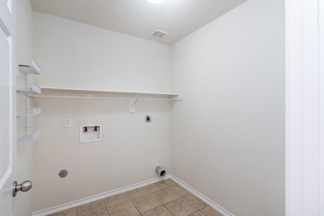 washroom featuring laundry area, light tile patterned floors, visible vents, hookup for a washing machine, and hookup for an electric dryer