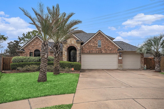 view of front of home featuring fence, a front lawn, concrete driveway, and brick siding