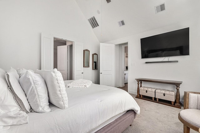 carpeted bedroom featuring ceiling fan, high vaulted ceiling, and visible vents