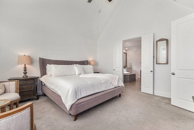 bedroom with high vaulted ceiling, light carpet, ceiling fan, and baseboards