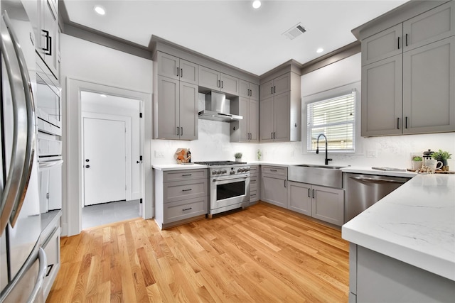 kitchen featuring light wood-style flooring, gray cabinetry, a sink, appliances with stainless steel finishes, and wall chimney range hood