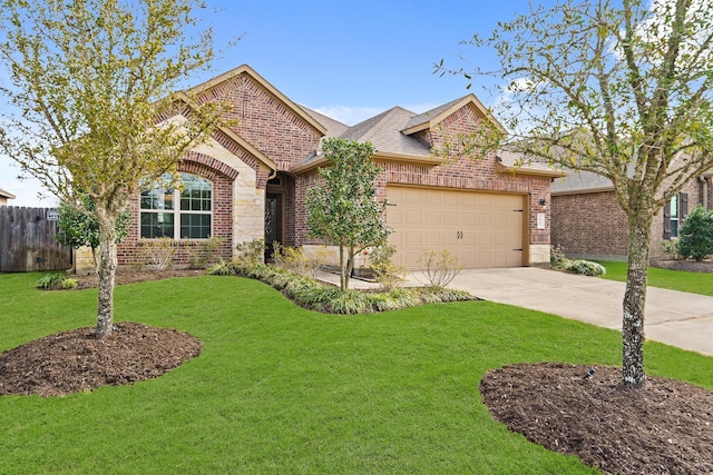 ranch-style home featuring an attached garage, a front yard, concrete driveway, and brick siding