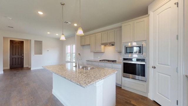 2011 Sunflower Ct, Sugar Land, TX 77498 - kitchen with appliances with stainless steel finishes, a sink, under cabinet range hood, decorative backsplash, and dark wood-style floors