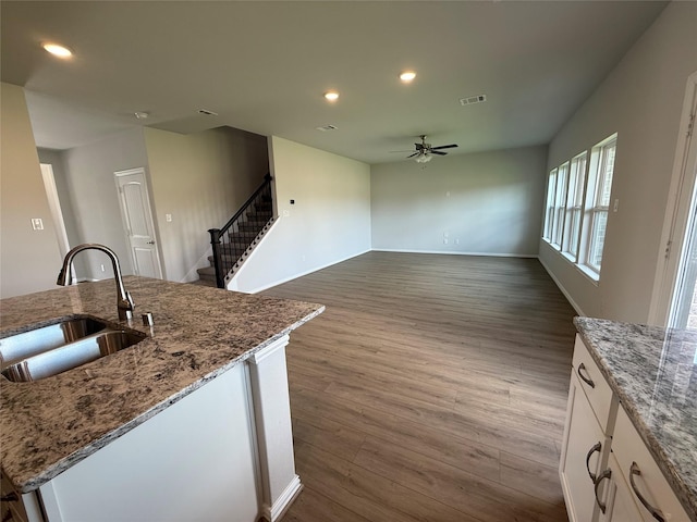 2011 Sunflower Ct, Sugar Land, TX 77498 - kitchen with ceiling fan, white cabinets, dark wood finished floors, recessed lighting, and light stone counters