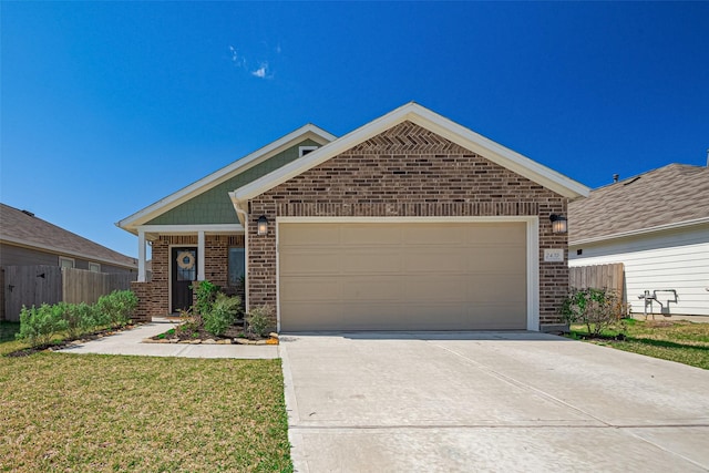 view of front facade featuring a garage, concrete driveway, brick siding, and fence