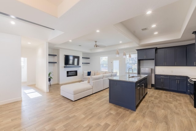 kitchen with light stone counters, a raised ceiling, light wood-style floors, and a sink