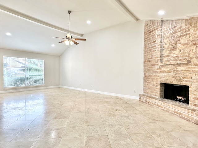 unfurnished living room with a ceiling fan, a brick fireplace, beam ceiling, and baseboards