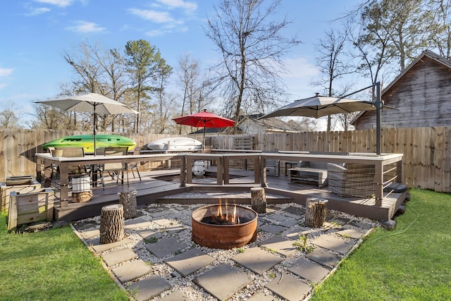 view of patio featuring a fire pit, a fenced backyard, a grill, and a deck