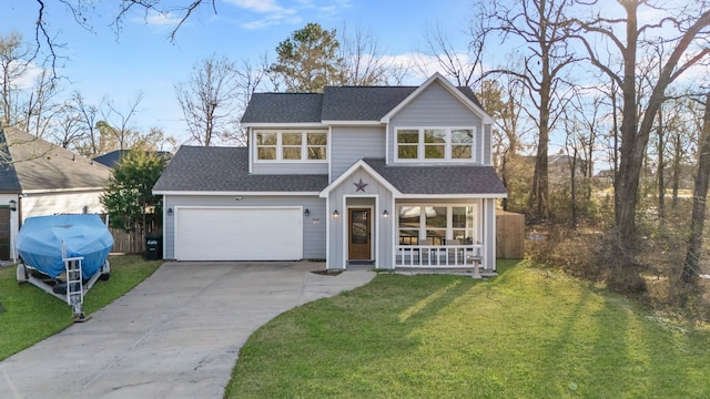 view of front of home featuring a shingled roof, concrete driveway, an attached garage, fence, and a front lawn