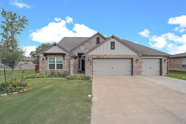 view of front of house with a front yard, roof with shingles, an attached garage, concrete driveway, and board and batten siding