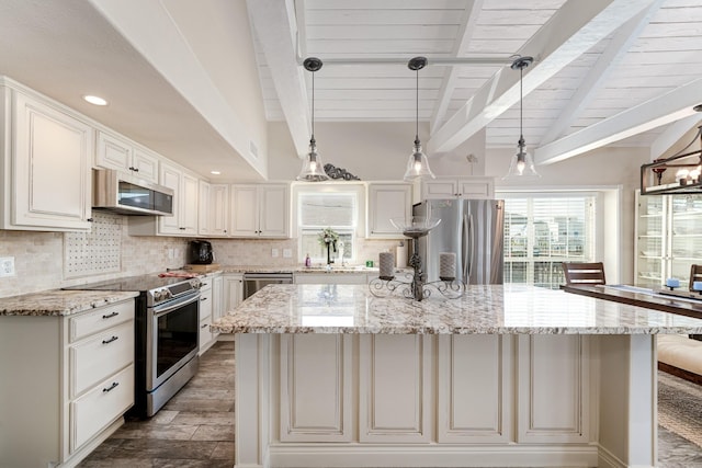 kitchen with light stone counters, a center island, vaulted ceiling with beams, stainless steel appliances, and decorative backsplash