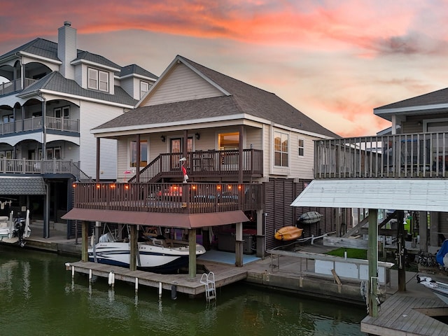 back of property at dusk with roof with shingles, a water view, and boat lift